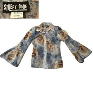 Vintage Sheer Rose Shirt with Bell Split Sleeves Button Up Blouse / Small -